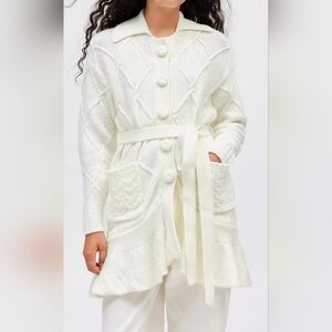 Kimchi Blue Belle Longline Cardigan, Diamond Knit, Ruffled Hem, Pockets, Ivory S